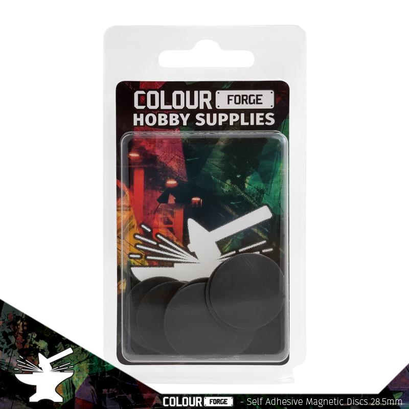 Self-adhesive magnetic disks are a great way to prevent your army from tipping over during events or storage.Each disk has a premium adheisve already applied so you can simply peel the bottom and apply to the underside of your bases.When paired with our rubber steel sheets you can improve any case or movement tray to be full magnetised.Please note, these discs are intentionally cut slightly smaller than the base they're designed for to prevent overbite. The Colour Forge Self-adhesive magnetic discs 28.5mm x10 - TCF-MDI-005 - 5060843101444