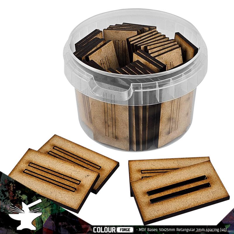 These bases are a fantastic value way to base a full army of miniatures without breaking the bank!They are made from 3mm MDF and supplied in a strong stack-able container.Contents:Size - 50x25mm with 3mm spacingShape - RectangularQuantity - 35Packaging - reusable plastic container with lid The Colour Forge MDF Bases - 50x25mm Rectangular - 3mm spacing (35) - TCF-MDF-50253MMR - 5060843103639