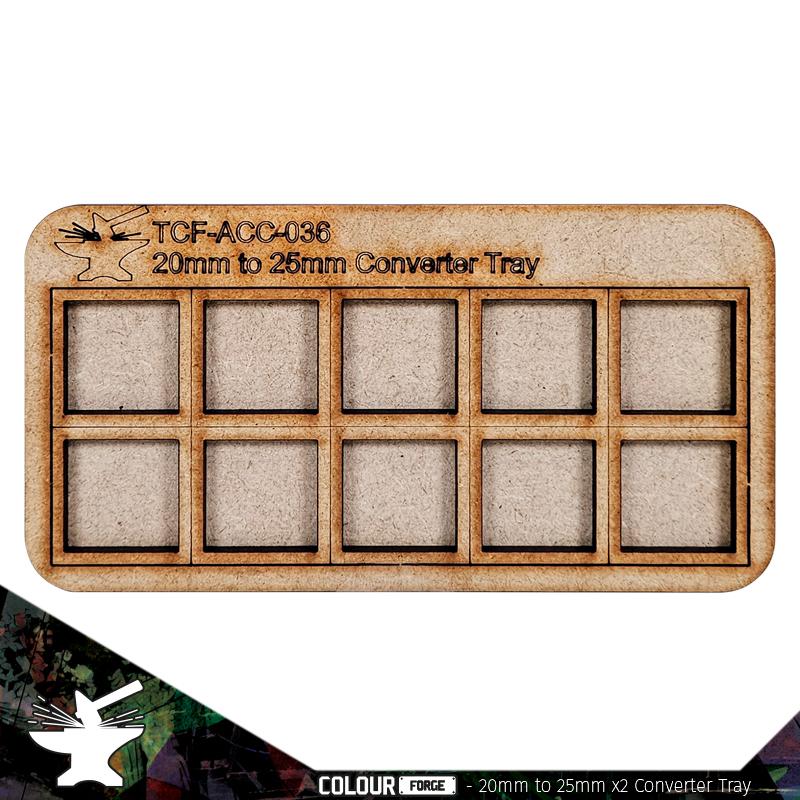 Converter Movement Tray: 20mm to 25mm (5x2)The perfect way to save you form having to rebase those classic miniatures, these movement trays allow you to use 20mm Based miniatures with the spacing of 25mm. Each tray is made from 3mm thick MDF parts which can be easily stuck together with white glue. The Colour Forge    Converter Movement Tray: 20mm to 25mm (5x2) - TCF-ACC-036 - 5060843103745
