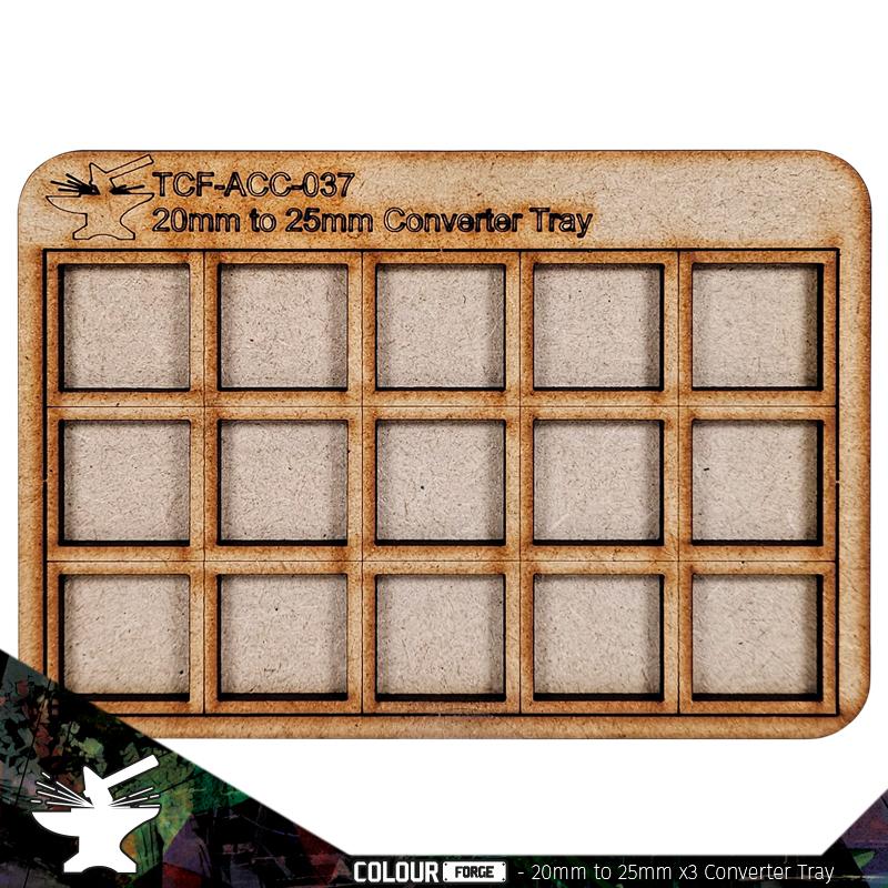Converter Movement Tray 20mm to 25mm (5x3)The perfect way to save you form having to rebase those classic miniatures, these movement trays allow you to use 20mm Based miniatures with the spacing of 25mm. Each tray is made from 3mm thick MDF parts which can be easily stuck together with white glue. The Colour Forge Converter Movement Tray: 20mm to 25mm (5x3) - TCF-ACC-037 - 5060843103752