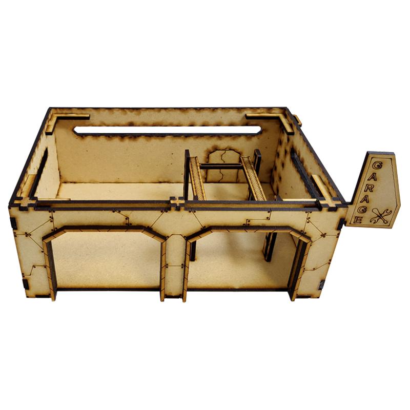 This Sci-Fi Mech Garage kit is the perfect addition to any 25-32mm sci-fi table!Dimensions: (Width: 263/26mm) (Depth: 150mm) (Height: 105/90mm) (including/excluding sign & skylights)This quick and easy to assemble kit is made from 3mm mdf and is cut with precision to ensure minimal effort removing it from the sprue.The door contains 2 holes for magnets, these measure  2mm wide by 3mm deep, there is a similar hole on the door frame. The roof is completely removable for access during gaming and modelling.This kit requires assembly. iK8KydGaq2VcT9X1poASjEYacc1zTp0R