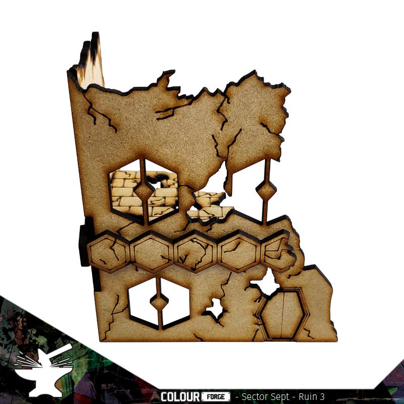 Sector Sept is a sci-fi terrain set designed for use with Warhammer 40,000, Infinity and much more!Dimensions: (Width: 110mm) (Depth: 110mm) (Height: 125mm)This quick and easy to assemble kit is made from 3mm mdf and is cut with precision to ensure minimal effort removing it from the sprue.This kit requires assembly. Models shown for scale and not included. The Colour Forge Sector Sept Ruins #3 - TCF-SSR-003 - 5060843101512
