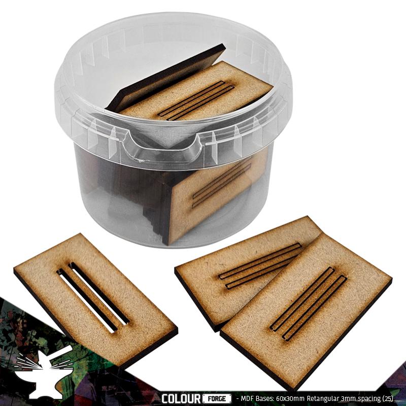These bases are a fantastic value way to base a full army of miniatures without breaking the bank!They are made from 3mm MDF and supplied in a strong stack-able container.Contents:Size - 60x30mm with 3mm spacing.Shape - RectangularQuantity - 24Packaging - reusable plastic container with lid The Colour Forge MDF Bases - 60x30mm Rectangular - 3mm spacing (24) - TCF-MDF-60303MMR - 5060843103585