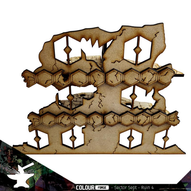Sector Sept is a sci-fi terrain set designed for use with Warhammer 40,000, Infinity and much more!Dimensions: (Width: 225mm) (Depth: 110mm) (Height: 155mm)This quick and easy to assemble kit is made from 3mm mdf and is cut with precision to ensure minimal effort removing it from the sprue.This kit requires assembly. Models shown for scale and not included. The Colour Forge Sector Sept Ruins #4 - TCF-SSR-004 - 5060843101529