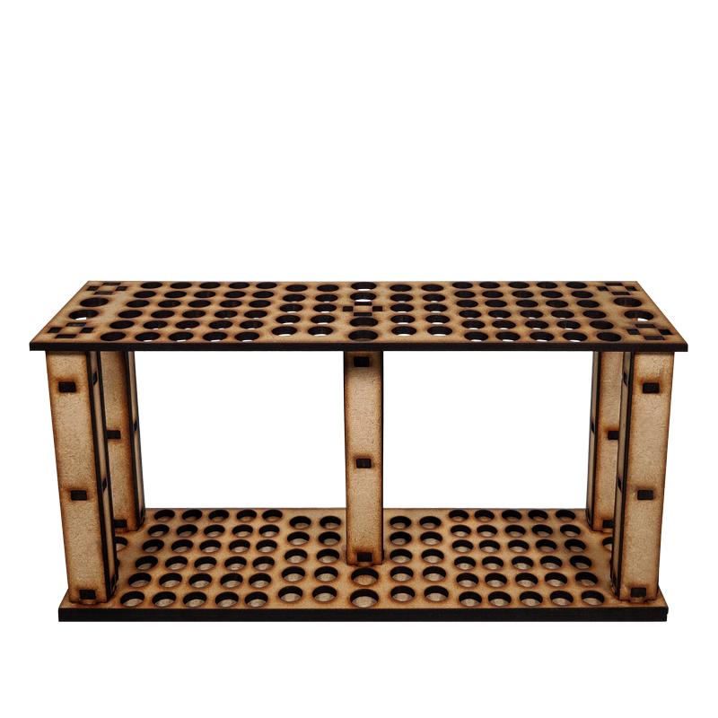 The Mega Brush Stand can hold up to 78 brushes.The diameter and quantity of the holes is as follows:50x 8mm20x 9mm8x 10mmThis product is made of 3mm MDF and is supplied unassembled. We recommend The Colour Forge Basing Glue to assemble it.Brushes not included. The Colour Forge Mega Brush Stand - TCF-ACC-010 - 5060843101888