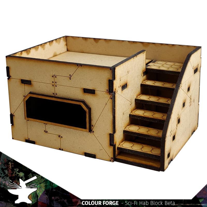 This Sci-Fi Hab Block Delta kit is the perfect addition to any 25-32mm sci-fi table!Dimensions: (Width:145mm) (Depth: 103mm) (Height: 82mm)This quick and easy to assemble kit is made from 3mm mdf and is cut with precision to ensure minimal effort removing it from the sprue.The door contains 2 holes for magnets, these measure 2mm wide by 3mm deep, there is a similar hole on the door frame. The roof is completely removable for access during gaming and modelling.This kit requires assembly. The Colour Forge Sci-Fi Hab Block Bravo - TCF-SCI-002 - 5060843100522