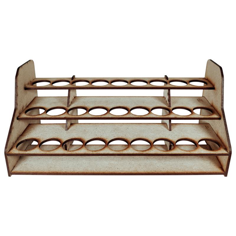 These compact paint racks are a must have for any hobbyist. Designed to sit comfortably on desks of any size they are perfect for keeping your workspace clean and tidy without encroaching on space!This rack holds up to 24 dropper bottle paint pots (Vallejo, Army Painter, Green Stuff World) This rack measures 280mm wide, 110mm deep and 125mm high.This product is cut from 3mm MDF and requires assembly.Brushes and paints sold separately and shown for illustrative purposes. The Colour Forge Compact Paint Rack (Dropper Bottle) - TCF-ACC-003 - 5060843100614