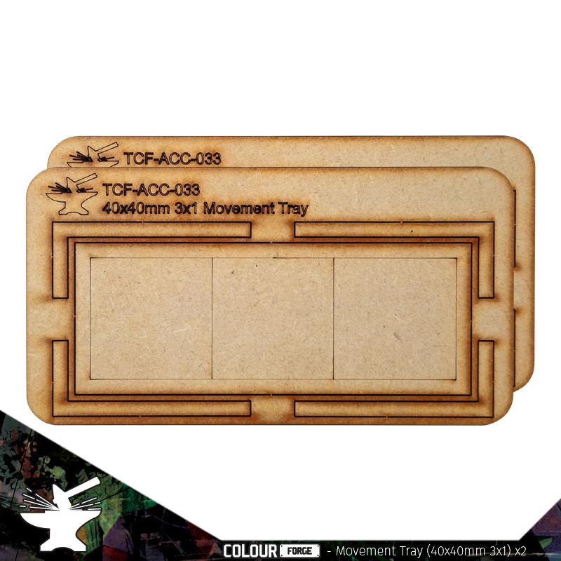 Movement Tray 40mm (3 x 1) Ideal for the Old World and many other games, these movement trays are perfect for keeping your regiments in formation and ready to hold the line. Each pack comes with 2 trays made from 3mm thick MDF parts which can be easily stuck together with white glue. Each tray allows multiple combinations of squared or rectangular-based miniatures. The Colour Forge Movement Tray 40mm (3 x 1) - TCF-ACC-033 - 5060843103714