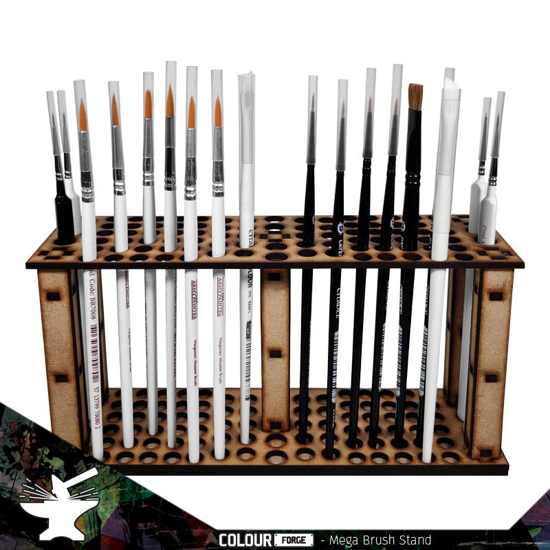The Mega Brush Stand can hold up to 78 brushes.The diameter and quantity of the holes is as follows:50x 8mm20x 9mm8x 10mmThis product is made of 3mm MDF and is supplied unassembled. We recommend The Colour Forge Basing Glue to assemble it.Brushes not included. The Colour Forge Mega Brush Stand - TCF-ACC-010 - 5060843101888