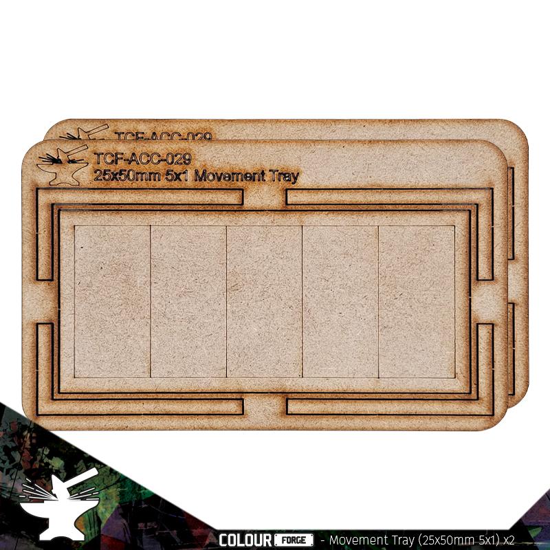 Movement Tray 25x50mm (5 x 1)Ideal for the Old World and many other games, these movement trays are perfect for keeping your regiments in formation and ready to hold the line. Each pack comes with 2 trays made from 3mm thick MDF parts which can be easily stuck together with white glue. Each tray allows multiple combinations of squared or rectangular-based miniatures. The Colour Forge Movement Tray 25x50mm (5 x 1) - TCF-ACC-029 - 5060843103677