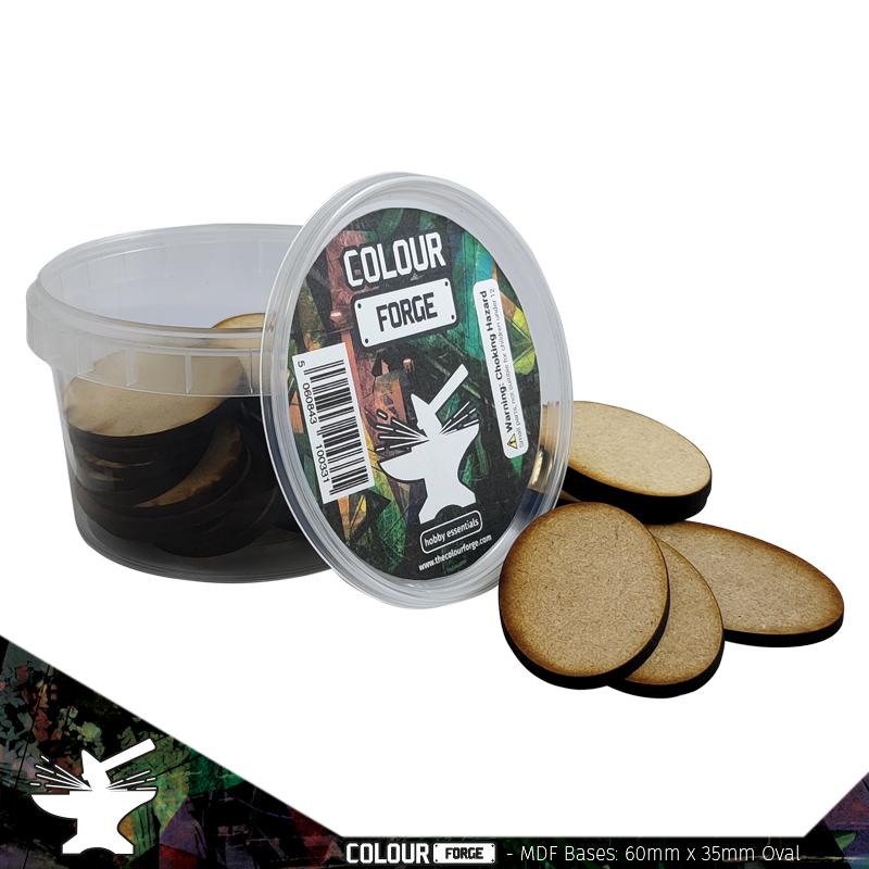 These bases are a fantastic value way to base a full army of miniatures without breaking the bank!They are made from 3mm MDF and supplied in a strong stackable container.Contents:Size - 60x35mmShape - OvalQuantity - 30Packaging - reusable plastic container with lid The Colour Forge MDF Bases - 60x35mm Oval (30) - TCF-MDF-6035O - 5060843100485