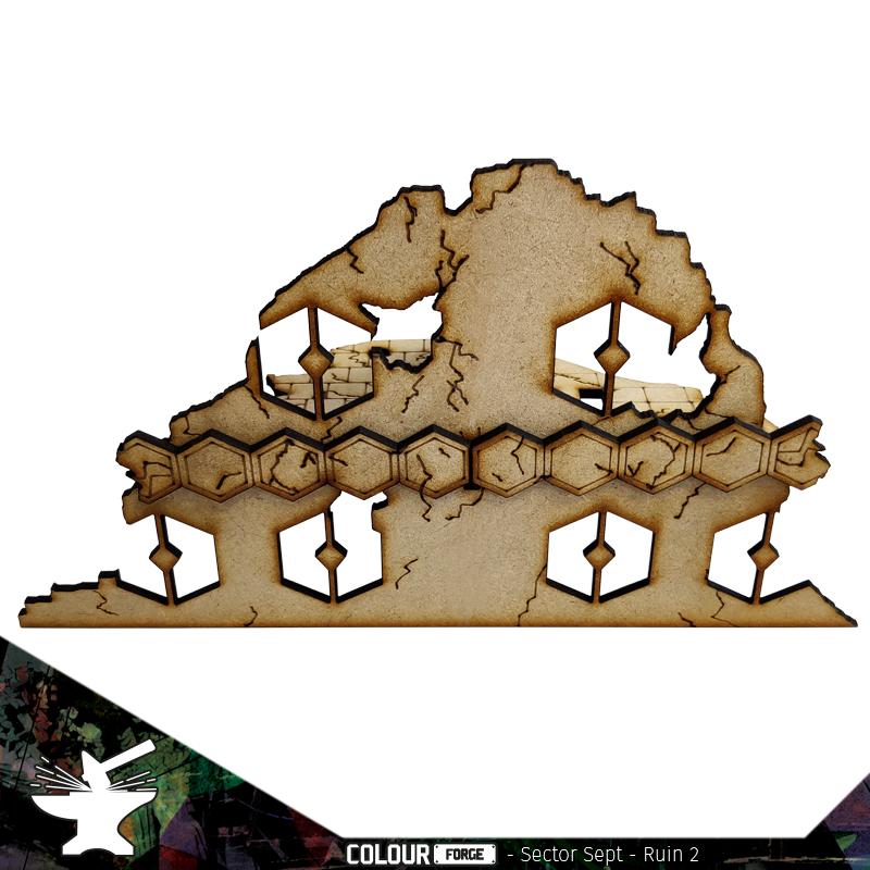 Sector Sept is a sci-fi terrain set designed for use with Warhammer 40,000, Infinity and much more!Dimensions: (Width: 220mm) (Depth: 110mm) (Height: 120mm)This quick and easy to assemble kit is made from 3mm mdf and is cut with precision to ensure minimal effort removing it from the sprue.This kit requires assembly. Models shown for scale and not included. The Colour Forge Sector Sept Ruins #2 - TCF-SSR-002 - 5060843101505