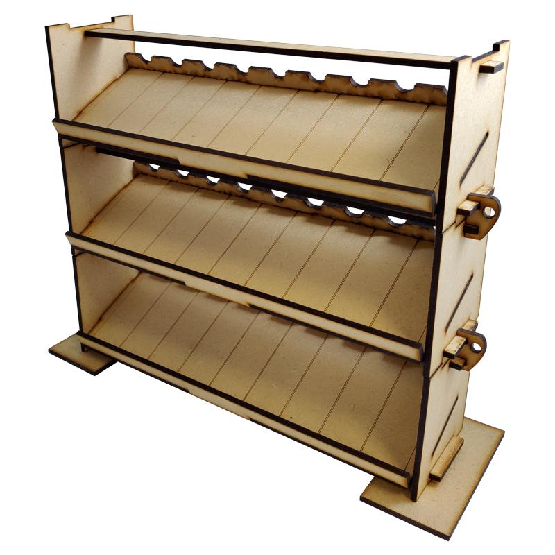 The Stack a Rack is a modular and stackable system for a variety of paints. Dropper bottles, flip top and even larger pigment pots will fit in the stands.The system contains cradles for dropper bottles but enough space for almost all but the largest of paints.This kit contains 3 stacks, each with a set of feet and clips to hold the racks together. These can be assembled and 3 separate kits or 1 larger stack.This rack measures 301mm wide, 100mm deep and each rack is 74mm high.This product is cut from 3mm MDF and requires assembly.Brushes and paints sold separately and shown for illustrative purposes. The Colour Forge Stack a Rack Paint Rack Set (3 tiers) - TCF-ACC-007 - 5060843100706