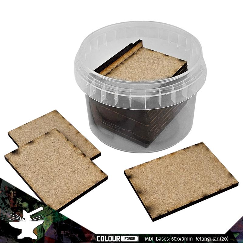 These bases are a fantastic value way to base a full army of miniatures without breaking the bank!They are made from 3mm MDF and supplied in a strong stack-able container.Contents:Size - 60x40mmShape - RectangularQuantity - 18Packaging - reusable plastic container with lid The Colour Forge MDF Bases - 60x40mm Rectangular (18) - TCF-MDF-6040R - 5060843103608