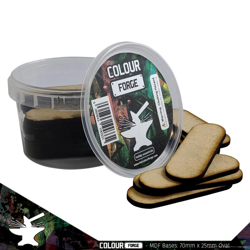 These bases are a fantastic value way to base a full army of miniatures without breaking the bank!They are made from 3mm MDF and supplied in a strong stack-able container.Contents:Size - 70x25mmShape - OvalQuantity - 26Packaging - reusable plastic container with lid The Colour Forge MDF Bases - 70x25mm Oval (26) - TCF-MDF-7025O - 5060843101482