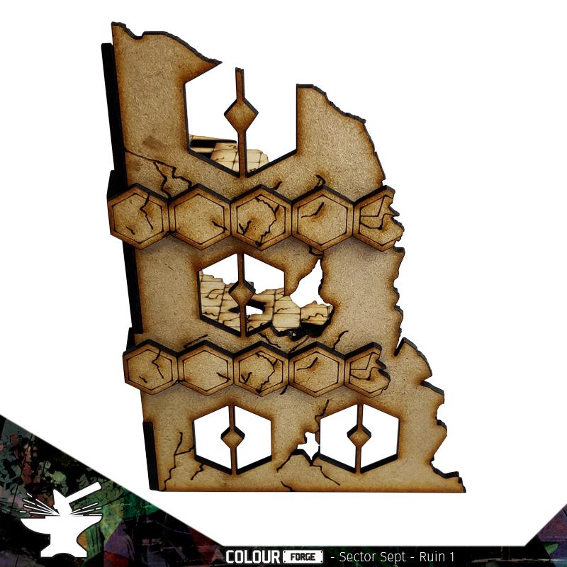 Sector Sept is a sci-fi terrain set designed for use with Warhammer 40,000, Infinity and much more!Dimensions: (Width: 110mm) (Depth: 110mm) (Height: 155mm)This quick and easy to assemble kit is made from 3mm mdf and is cut with precision to ensure minimal effort removing it from the sprue.This kit requires assembly. Models shown for scale and not included. The Colour Forge Sector Sept Ruins #1 - TCF-SSR-001 - 5060843101499