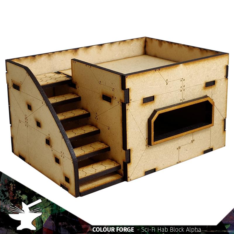This Sci-Fi Hab Block Delta kit is the perfect addition to any 25-32mm sci-fi table!Dimensions: (Width: 145mm) (Depth: 103mm) (Height: 82mm)This quick and easy to assemble kit is made from 3mm mdf and is cut with precision to ensure minimal effort removing it from the sprue.The door contains 2 holes for magnets, these measure 2mm wide by 3mm deep, there is a similar hole on the door frame. The roof is completely removable for access during gaming and modelling.This kit requires assembly. The Colour Forge Sci-Fi Hab Block Alpha - TCF-SCI-001 - 5060843100515