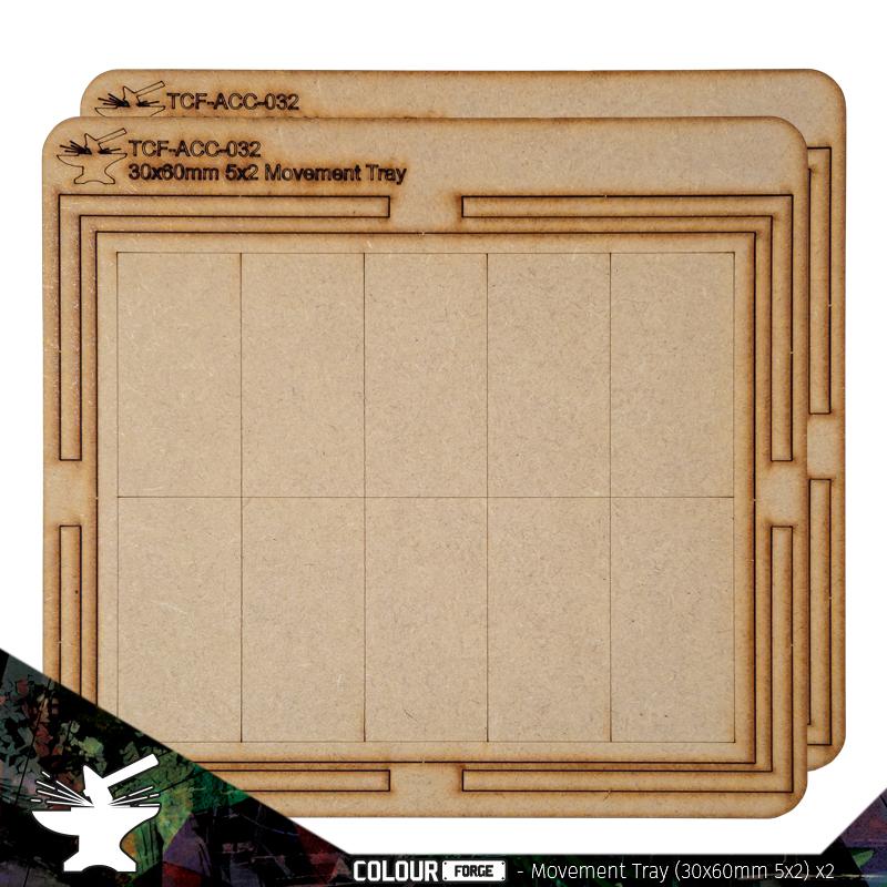 Movement Tray 30x60mm (5 x 2) Ideal for the Old World and many other games, these movement trays are perfect for keeping your regiments in formation and ready to hold the line. Each pack comes with 2 trays made from 3mm thick MDF parts which can be easily stuck together with white glue. Each tray allows multiple combinations of squared or rectangular-based miniatures. The Colour Forge Movement Tray 30x60mm (5 x 2) - TCF-ACC-032 - 5060843103707