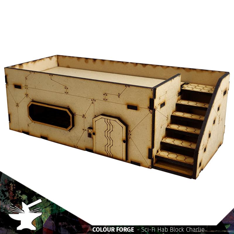 This Sci-Fi Hab Block Charlie kit is the perfect addition to any 25-32mm sci-fi table!Dimensions: (Width:238mm) (Depth: 103mm) (Height: 82mm)This quick and easy to assemble kit is made from 3mm mdf and is cut with precision to ensure minimal effort removing it from the sprue.The door contains 2 holes for magnets, these measure 2mm wide by 3mm deep, there is a similar hole on the door frame. The roof is completely removable for access during gaming and modelling.This kit requires assembly. The Colour Forge Sci-Fi Hab Block Charlie - TCF-SCI-003 - 5060843100539