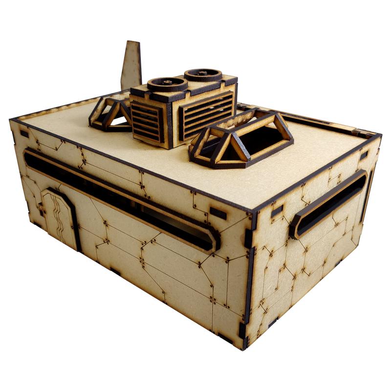 This Sci-Fi Mech Garage kit is the perfect addition to any 25-32mm sci-fi table!Dimensions: (Width: 263/26mm) (Depth: 150mm) (Height: 105/90mm) (including/excluding sign & skylights)This quick and easy to assemble kit is made from 3mm mdf and is cut with precision to ensure minimal effort removing it from the sprue.The door contains 2 holes for magnets, these measure 2mm wide by 3mm deep, there is a similar hole on the door frame. The roof is completely removable for access during gaming and modelling.This kit requires assembly. The Colour Forge Sci-Fi Mech Garage - TCF-SCI-010 - 5060843100768