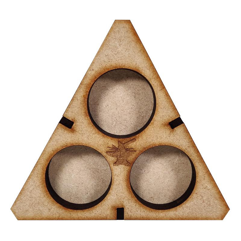 Tri-Pots holds 3 pots of any Citadel paint or wash so that you can avoid those nasty spills! Made from precision laser cut 3mm MDF, Tri-Pots ensures you can while away the hours enjoying your hobby without having to worry about knocking several of your precious paints or washes over and runing your workspace.Dimensions 98mm L x 98mm W x 14mm HInstructions are available online at www.thecolourforge.com Tri-Pots comes unpainted and unassembled. We recommend using Colour Forge basing glue for best results. The Colour Forge Tri-Pots - TCF-ACC-014 - 5060843102410