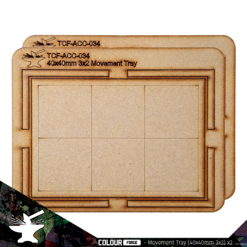 Movement Tray 40mm (3 x 2)Ideal for the Old World and many other games, these movement trays are perfect for keeping your regiments in formation and ready to hold the line. Each pack comes with 2 trays made from 3mm thick MDF parts which can be easily stuck together with white glue. Each tray allows multiple combinations of squared or rectangular-based miniatures. The Colour Forge Movement Tray 40mm (3 x 2) - TCF-ACC-034 - 5060843103721