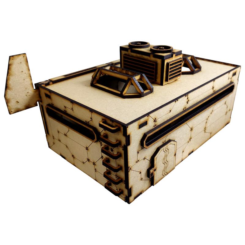 This Sci-Fi Mech Garage kit is the perfect addition to any 25-32mm sci-fi table!Dimensions: (Width: 263/26mm) (Depth: 150mm) (Height: 105/90mm) (including/excluding sign & skylights)This quick and easy to assemble kit is made from 3mm mdf and is cut with precision to ensure minimal effort removing it from the sprue.The door contains 2 holes for magnets, these measure 2mm wide by 3mm deep, there is a similar hole on the door frame. The roof is completely removable for access during gaming and modelling.This kit requires assembly. The Colour Forge Sci-Fi Mech Garage - TCF-SCI-010 - 5060843100768