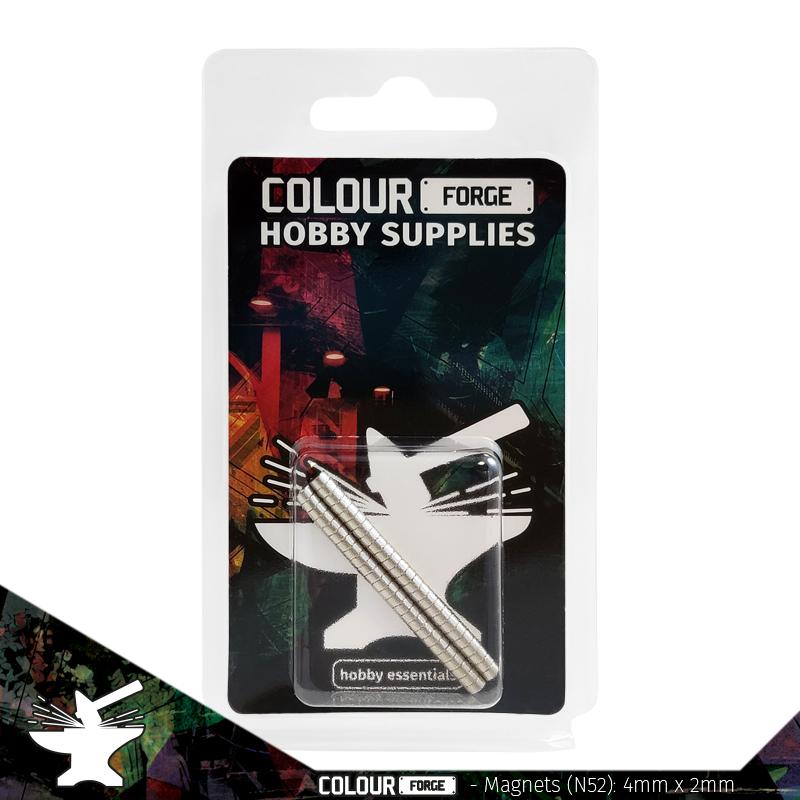 Neodymium magnets are surprisingly strong for their size. These magnets are triple coated nickel-copper-nickel for good corrosion resistance and magnetised axially giving a north pole on one flat face and a south pole on the opposite.Pack contains 50x modelling magnets.Magnets measure 4mm x 2mmThe North and south poles are on the flat facesEach magnet has a vertical pull of 633g flush to a mild steel surfaceHigh grade N52 (NdFeB) neodymium magnetsIMPORTANT SAFETY NOTE: Neodymium magnets can be harmful if inhaled or swallowed so please store them safely out of reach of children. For children's projects use them strictly under adult supervision. The Colour Forge 4x2mm Neodymium Magnets (N52) (50) - TCF-N52-42 - 5060843100744