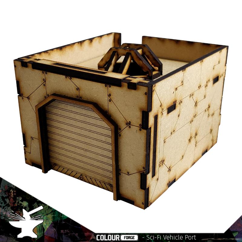 This Sci-Fi Vehicle Port kit is the perfect addition to any 25-32mm sci-fi table!Dimensions: (Width:106mm) (Depth: 125mm) (Height: 82mm)This quick and easy to assemble kit is made from 3mm mdf and is cut with precision to ensure minimal effort removing it from the sprue.The main door contains slides open if left unglued. The roof is completely removable for access during gaming and modelling.This kit requires assembly. The Colour Forge Sci-Fi Vehicle Port - TCF-SCI-009 - 5060843100713