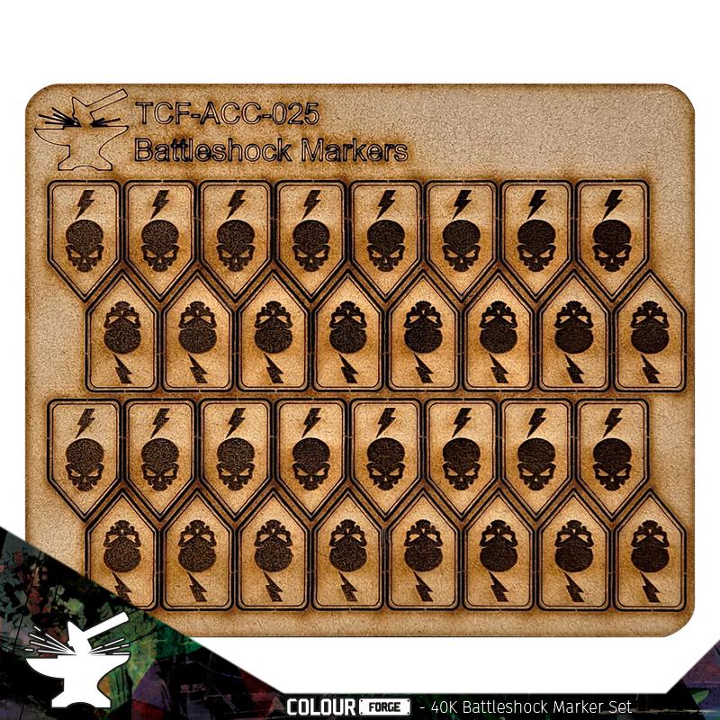Battleshock MarkersThe Colour Forge Battleshock tokens are the perfect solution for tracking battle shocked units in your tabletop wargames. Made from high-quality 3mm laser cut MDF, these tokens are durable and require no assembly. These tokens are ready to use straight out of the pack. Should you wish to spruce them up a bit with a splash of colour, we recommend using Colour Forge spray primers.Dimensions166mm x 137mm x 3mm The Colour Forge Warhammer 40,000 Battleshock Markers - TCF-ACC-025 - 5060843103561