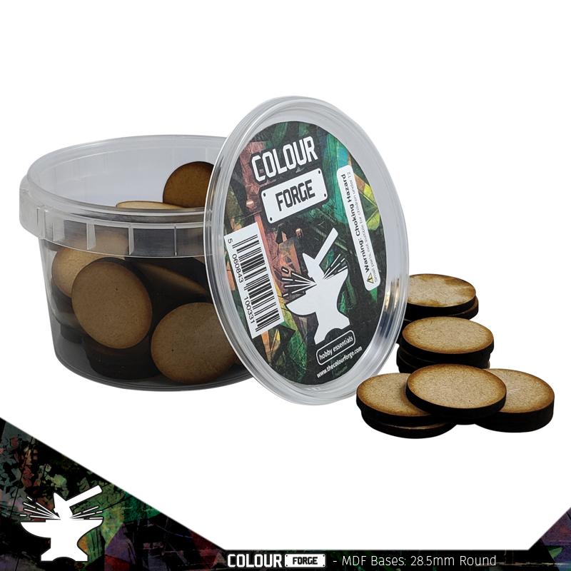 These bases are a fantastic value way to base a full army of miniatures without breaking the bank!They are made from 3mm MDF and supplied in a strong stackable container.Contents:Size - 28.5mmShape - CircleQuantity - 75Packaging - reusable plastic container with lid The Colour Forge MDF Bases - 28.5mm Round (75) - TCF-MDF-28R - 5060843100362