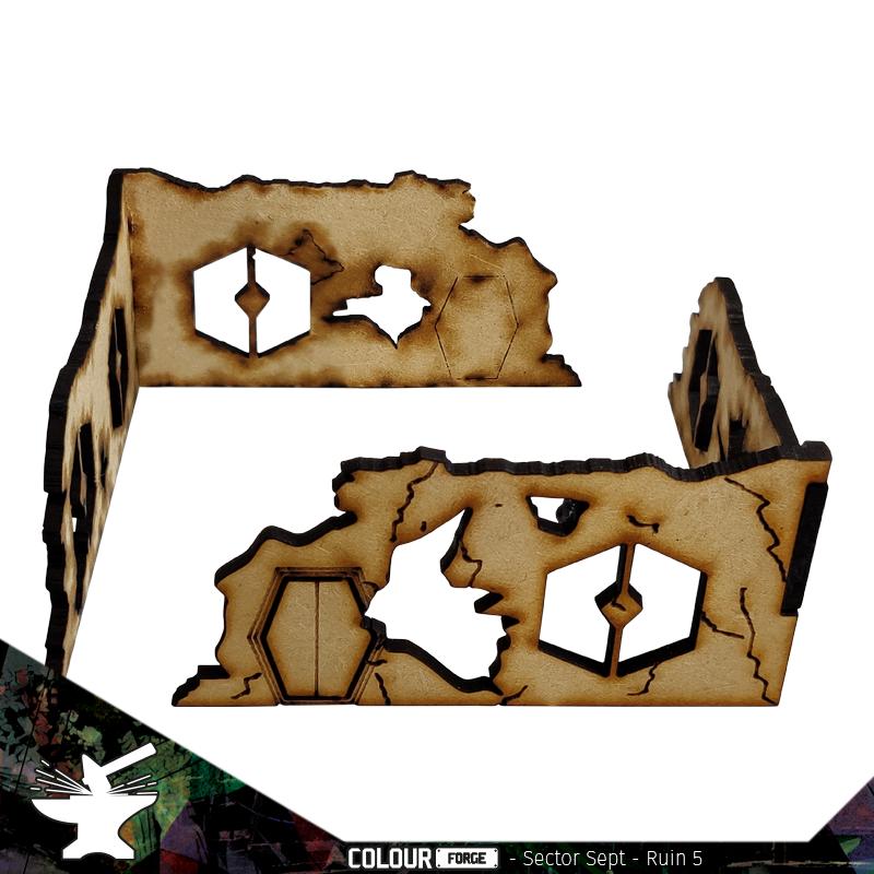 Sector Sept is a sci-fi terrain set designed for use with Warhammer 40,000, Infinity and much more!Dimensions: (Width: 110mm) (Depth: 110mm) (Height: 50mm)This quick and easy to assemble kit is made from 3mm mdf and is cut with precision to ensure minimal effort removing it from the sprue.This kit requires assembly. Models shown for scale and not included. The Colour Forge Sector Sept Ruins #5 - TCF-SSR-005 - 5060843101536