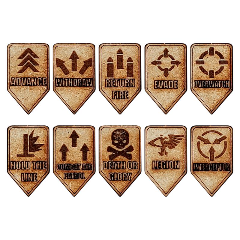 Heresy Reaction Marker SetThe Heresy Reaction Marker Set from the Colour Forge is the perfect addition to any of your heretical shenanigans on the gaming table! Made from precision laser cut 3mm MDF, this set of tokens will be indispensable in helping you track all of those different reactions that occur in game. The Heresy Reaction Marker Set comprises :-X2 Advance markersX2 Withdraw markersX2 Return Fire markersX2 Evade markersX2 Overwatch markersX2 Hold The Line markersX2 Combat Air Patrol markersX2 Death Or Glory markersX7 Interceptor markersX1 Legion markerDimensions - 167mm x 114mm x 3mm The Colour Forge Heresy Reaction Marker Set - TCF-ACC-020 - 5060843103455