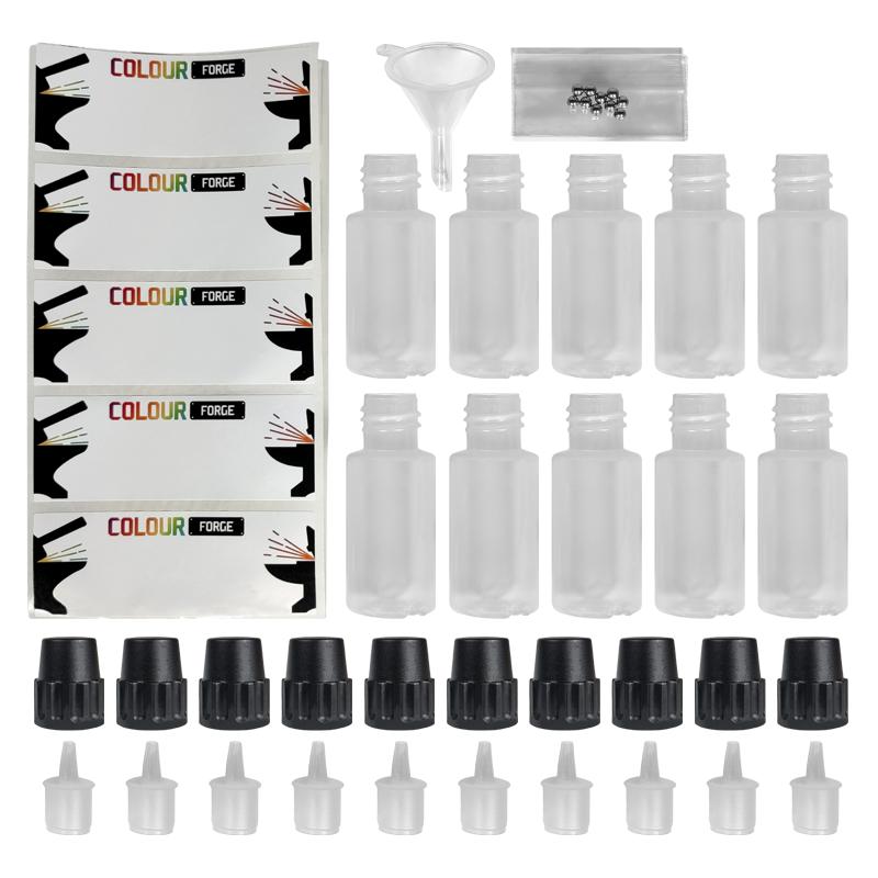 Contents:x10 17ml dropper bottles x10 self adhesive labels x10 agitators x1 funnel The Colour Forge dropper botttle kit. Perfect for all your decanting and mixing needs, this handy little kit will enable you to keep track of your favourite paint recipes, keep them stored securely and thoroughly mixed every time you go to paint your miniatures! The Colour Forge Colour Forge Dropper Bottle Kit - TCF-DBK-001 - 5060843102335
