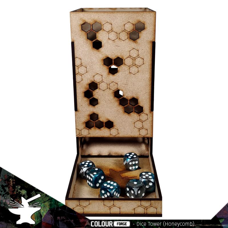 The Honeycomb Dice Tower from the Colour Forge is perfect for all your dice rolling needs!Made from precision cut 3mm MDF, this great looking accessory is sure to find itself a prime spot on any gaming table and be the envy of players across the land!We all know that rolling dice thorugh a dice tower is incredibly satisfying...well now you get to see your little 6 sided cubes of joy on their journey as they pass through the Honeycomb Dice Tower!Dimensions 185mm H x 179mm D x 90mm WAssembly instructions can be found by visiting www.thecolourforge.com we reccommend using the Colour Forge basing glue for best results. The Colour Forge Dice Tower - Honeycomb - TCF-ACC-012 - 5060843102397