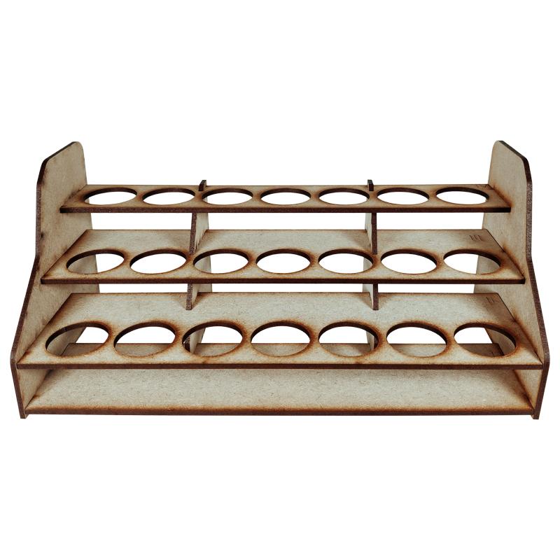 These compact paint racks are a must have for any hobbyist. Designed to sit comfortably on desks of any size they are perfect for keeping your workspace clean and tidy without encroaching on space!This rack holds up to 21 Pro Acryl paint pots.This rack measures 280mm wide, 110mm deep and 125mm high.This product is cut from 3mm MDF and requires assembly.Brushes and paints sold separately and shown for illustrative purposes. The Colour Forge Compact Paint Rack (Pro Acryl) - TCF-ACC-004 - 5060843100621