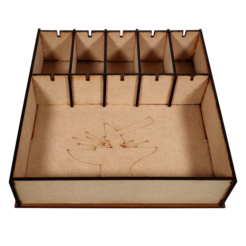 Dice 'n' Tidy is a combined dice tray & organiser for tabletop gamers of all varieties.Tidy up that gaming space by keeping all your dice in one place right next to a perfectly smooth rolling space. No more cocked dice, no more dice rolling off the table and no more messing about to retrieve that dice that has somehow found its way inside a a piece of terrain...The rolling area is spacious enough to handle a large number of simultaenous dice rolls and the adjustable compartments mean you can organise by dice or tokens with ease.Dimensions: (W) 210mm x (L) 210mm x (H) 56mmEach compartment is also wide enough to hold and organise standard size cards so they can be organised for your board games.This product is made of 3mm MDF and is supplied unassembled. We recommend The Colour Forge Basing Glue to assemble it.Dice not included The Colour Forge Dice 'n' Tidy - Dice Tray & Organiser - TCF-ACC-009 - 5060843101871