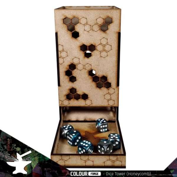 The Honeycomb Dice Tower from the Colour Forge is perfect for all your dice rolling needs!Made from precision cut 3mm MDF, this great looking accessory is sure to find itself a prime spot on any gaming table and be the envy of players across the land!We all know that rolling dice thorugh a dice tower is incredibly satisfying...well now you get to see your little 6 sided cubes of joy on their journey as they pass through the Honeycomb Dice Tower!Dimensions 185mm H x 179mm D x 90mm WAssembly instructions can be found by visiting www.thecolourforge.com we reccommend using the Colour Forge basing glue for best results. The Colour Forge Dice Tower - Honeycomb - TCF-ACC-012 - 5060843102397