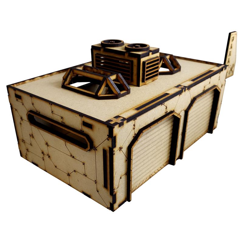 This Sci-Fi Mech Garage kit is the perfect addition to any 25-32mm sci-fi table!Dimensions: (Width: 263/26mm) (Depth: 150mm) (Height: 105/90mm) (including/excluding sign & skylights)This quick and easy to assemble kit is made from 3mm mdf and is cut with precision to ensure minimal effort removing it from the sprue.The door contains 2 holes for magnets, these measure 2mm wide by 3mm deep, there is a similar hole on the door frame. The roof is completely removable for access during gaming and modelling.This kit requires assembly. The Colour Forge Sci-Fi Mech Garage - TCF-SCI-010 - 5060843100768