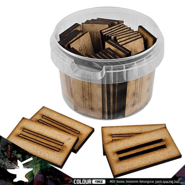 These bases are a fantastic value way to base a full army of miniatures without breaking the bank!They are made from 3mm MDF and supplied in a strong stack-able container.Contents:Size - 50x25mm with 3mm spacingShape - RectangularQuantity - 35Packaging - reusable plastic container with lid The Colour Forge MDF Bases - 50x25mm Rectangular - 3mm spacing (35) - TCF-MDF-50253MMR - 5060843103639
