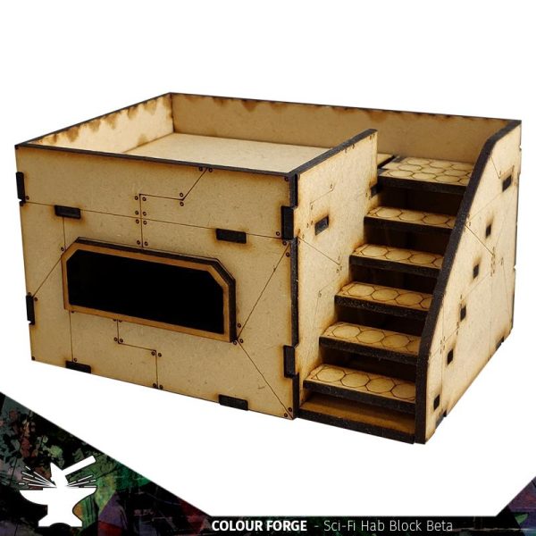 This Sci-Fi Hab Block Delta kit is the perfect addition to any 25-32mm sci-fi table!Dimensions: (Width:145mm) (Depth: 103mm) (Height: 82mm)This quick and easy to assemble kit is made from 3mm mdf and is cut with precision to ensure minimal effort removing it from the sprue.The door contains 2 holes for magnets, these measure 2mm wide by 3mm deep, there is a similar hole on the door frame. The roof is completely removable for access during gaming and modelling.This kit requires assembly. The Colour Forge Sci-Fi Hab Block Bravo - TCF-SCI-002 - 5060843100522