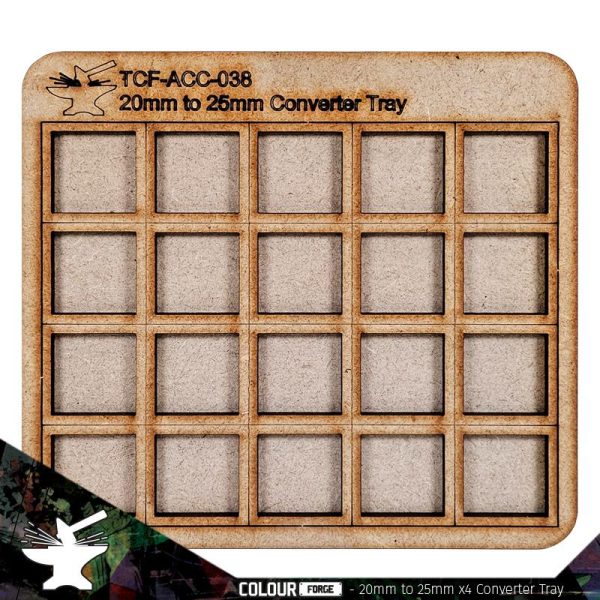 Converter Movement Tray 20mm to 25mm (5x4) The perfect way to save you form having to rebase those classic miniatures, these movement trays allow you to use 20mm Based miniatures with the spacing of 25mm. Each tray is made from 3mm thick MDF parts which can be easily stuck together with white glue. The Colour Forge Converter Movement Tray: 20mm to 25mm (5x4) - TCF-ACC-038 - 5060843103769