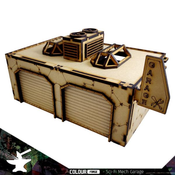 This Sci-Fi Mech Garage kit is the perfect addition to any 25-32mm sci-fi table!Dimensions: (Width: 263/26mm) (Depth: 150mm) (Height: 105/90mm) (including/excluding sign & skylights)This quick and easy to assemble kit is made from 3mm mdf and is cut with precision to ensure minimal effort removing it from the sprue.The door contains 2 holes for magnets, these measure 2mm wide by 3mm deep, there is a similar hole on the door frame. The roof is completely removable for access during gaming and modelling.This kit requires assembly. The Colour Forge Sci-Fi Mech Garage - TCF-SCI-010 - 5060843100768