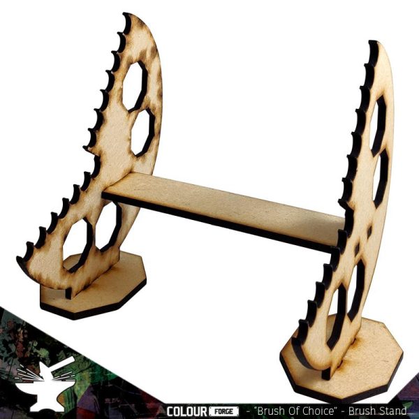 The "Brush of Choice" paint brush stand from The Colour Forge is a perfect aid to your work bench. Designed to hold your paint brushes safely, prevent damage and allow for easy selection during your hobby timeMade of 3mm MDF this kit is easy to build, sturdy and great value for money.This kit requires assembly.Dimensions (mm): W 160, H 130, D 120*Brushes are not included and shown to demonstrate the use of the stand. The Colour Forge Brush of Choice - Paint Brush Stand - TCF-ACC-001 - 5060843100584