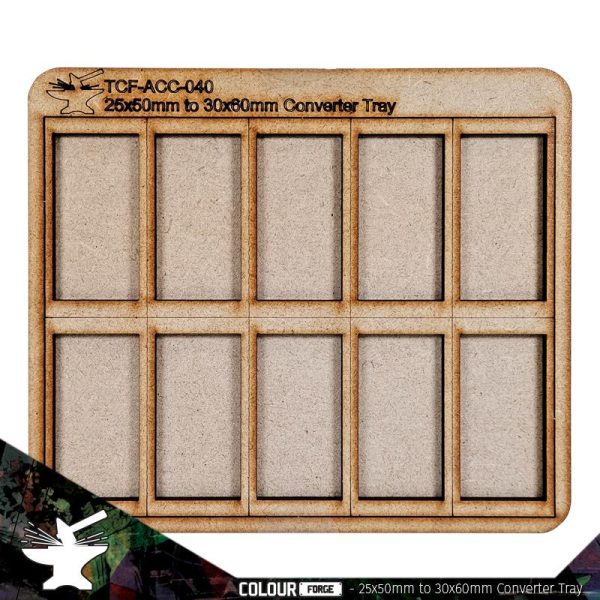 Converter Movement Tray 25x50mm to 30x60mm (5x2)The perfect way to save you form having to rebase those classic miniatures, these movement trays allow you to use 25x50mm Based miniatures with the spacing of 30x60mm. Each tray is made from 3mm thick MDF parts which can be easily stuck together with white glue. The Colour Forge Converter Movement Tray 25x50mm to 30x60mm (5x2) - TCF-ACC-040 - 5060843103783