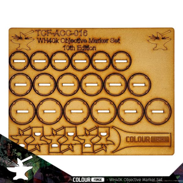 The Colour Forge objective marker set consists of 6 beautifully rendered 3D objective markers laser cut from 3mm MDF, perfect for use with 10th ed 40K (and a whole host of other game systems) These great objective markers are also accompanied by a measuring widget which works in tandem with the markers giving the gamer precise and relevant measurements every single time, meaning minimal downtime on the gaming table. The Colour Forge WH40k Objective Marker Set - 10th Edition - 5060843102465 - 5060843102465