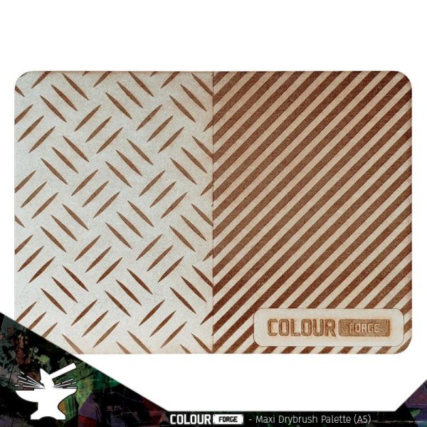 Dry Brush Palette - MaxiAre you looking to take your drybrushing to the next level? Tired of getting a chalky finish on your models from using a paper towel to take away excess paint. Well look no further than the new range of Dry Brush Paletes from the Colour Forge.These Dry Brush Palettes are available in a range of 5 sizes (XXL, XL, Maxi, Midi & Mini) to suit your hobby sprace requirements and are specifically designed with drybrushing in mind. Whichever size you choose you will be rewarded with a palette that has been developed to improve your drybrushing game. The Dry Brush Palette range from the Colour Forge are laser cut and etched from 3mm MDF. Unique patterns and designs embedded in the product allow you to work your drybrush around the palette removing paint in a smooth and consistent manner, ensuring a great finish. The end result is smoother, cleaner and ultimately gives you greater control over your drybrushing allowing you to take your painting to the next level.Palettes are supplied unpainted and require priming before use. We recommend using any Colour Forge spray primer for the best results. Top tip - The Dry Brush Palette range from the Colour Forge are reusable. When you have saturated your palette with paint simply respray with Colour Forge spray primer to reset the palette and you're good to go!Dimensions 210mm x 149mm x 3mm The Colour Forge Dry Brush Palette - Maxi - TCF-ACC-016 - 5060843103417