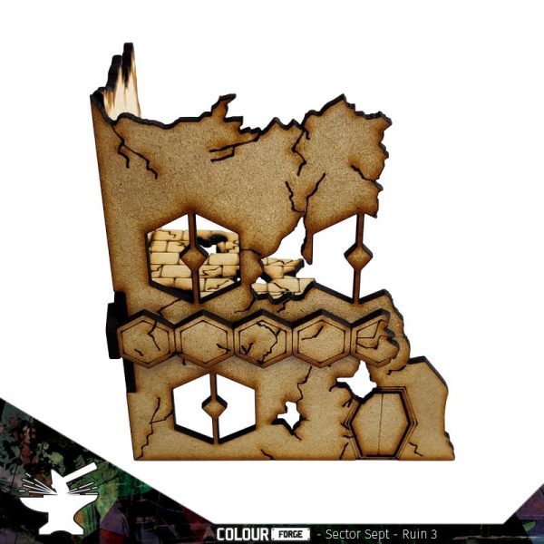 Sector Sept is a sci-fi terrain set designed for use with Warhammer 40,000, Infinity and much more!Dimensions: (Width: 110mm) (Depth: 110mm) (Height: 125mm)This quick and easy to assemble kit is made from 3mm mdf and is cut with precision to ensure minimal effort removing it from the sprue.This kit requires assembly. Models shown for scale and not included. The Colour Forge Sector Sept Ruins #3 - TCF-SSR-003 - 5060843101512
