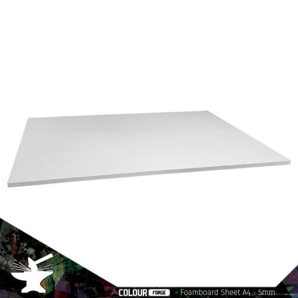 Foamboard is used for a variety of projects and is incredibly versatile. Making terrain, building up bases or even intricate mould designs.Two layers of card sandwich a foam making it incredibly lightweight and perfect for even the largest of projects.Apply a lyer of PVA or sealant to reduce the semi-pourous nature of the surfaces before applying paint.Due to the nature of the foam you can press designs into this material to add details such as brickwork, woodgrain or logos.The material can also be drawn on with pen or pencil to enable an easy application of design.Each sheet measures 210mm x 297mm (A4). Sheets are sold individually. The Colour Forge Foamboard Sheet A4 - 5mm - TCF-FOA-001 - 5060843100904