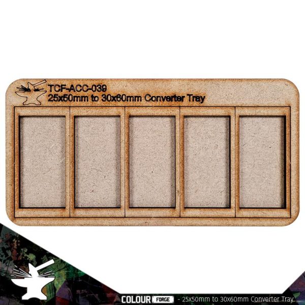 Converter Movement Tray 25x50mm to 30x60mm (5x1)The perfect way to save you form having to rebase those classic miniatures, these movement trays allow you to use 25x50mm Based miniatures with the spacing of 30x60mm. Each tray is made from 3mm thick MDF parts which can be easily stuck together with white glue. The Colour Forge Movement Tray: Convert 25x50mm to 30x60mm (1x5) - TCF-ACC-039 - 5060843103776